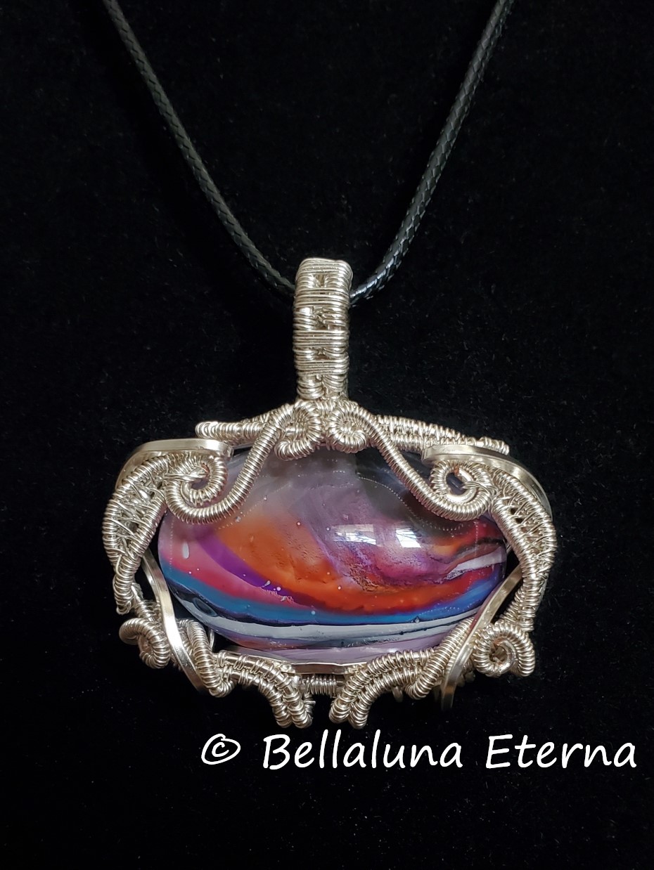  Beach Sunset Handpainted Cabochon Wire Wrapped Necklace Pendant